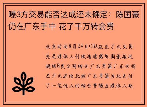 曝3方交易能否达成还未确定：陈国豪仍在广东手中 花了千万转会费